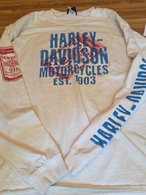 Harley-Davidson White Long Sleeve Shirt with Blue & Red Graphics